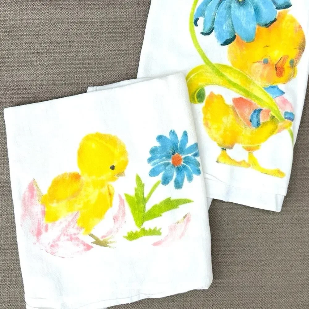 Lot Set of 2 Vintage Hand Painted Chicken Chicks Flour Sack Kitchen Towels
